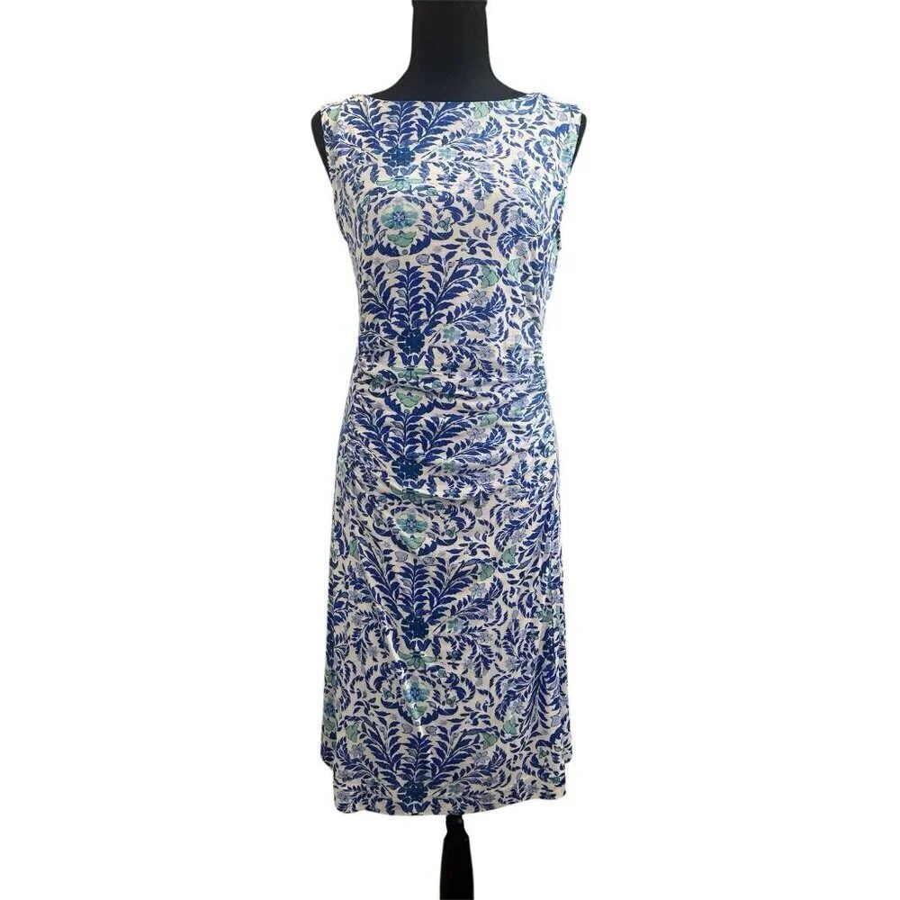 Tory Burch Ruched Knee Length Silk Dress Blue White Floral Print Lined Medium